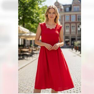 NWT FORCYNTHIA Scallop Edge Linen Blend Pleated Sleeveless Midi Dress Large